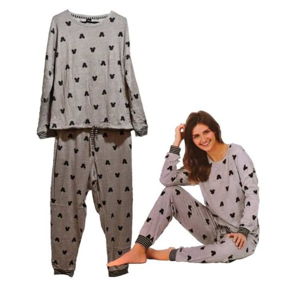 Disney 2 Piece Mickey Cozy Super Soft Pajama PJ Lounge Set Gray Comfy